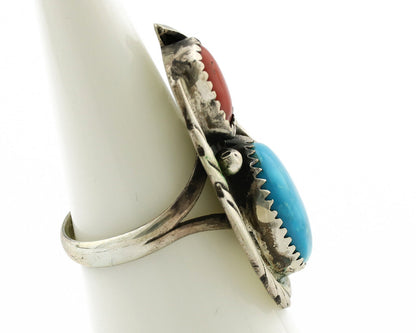 Navajo Ring 925 Silver Turquoise & Coral Artist Signed Native American C.80s