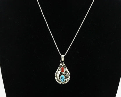 Navajo Necklace .925 Silver Natural Blue Turquoise & Coral Tipi Artist C.80's