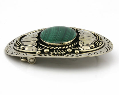 Navajo Handmade Belt Buckle .999 Nickle Silver Malachite Signed Tipi C.80's