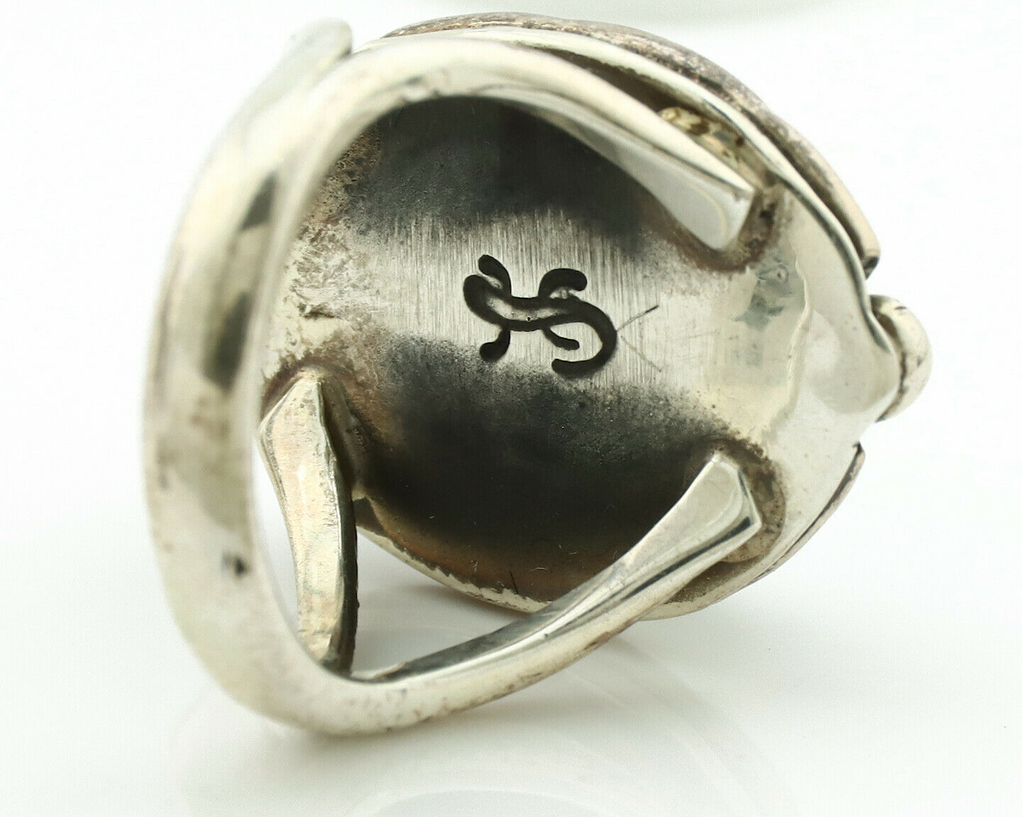 Navajo Ring .925 Silver Blue Spiderweb Turquoise Signed Gecko C.1980's