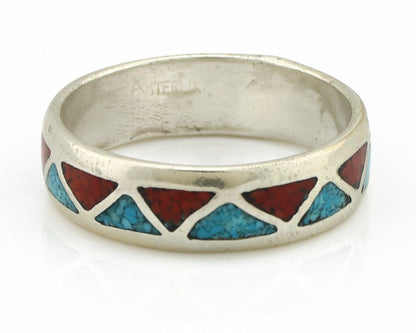 Navajo Ring 925 Silver Natural Turquoise & Coral Native American Artist C.80's