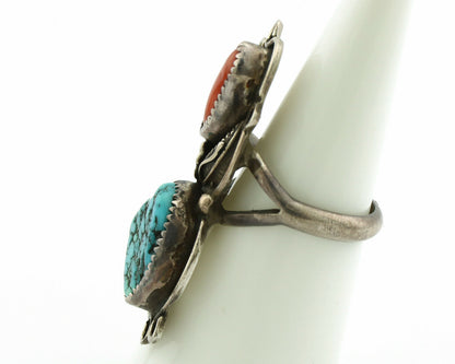 Navajo Ring .925 Silver Turquoise & Coral Native American Artist C.1980's