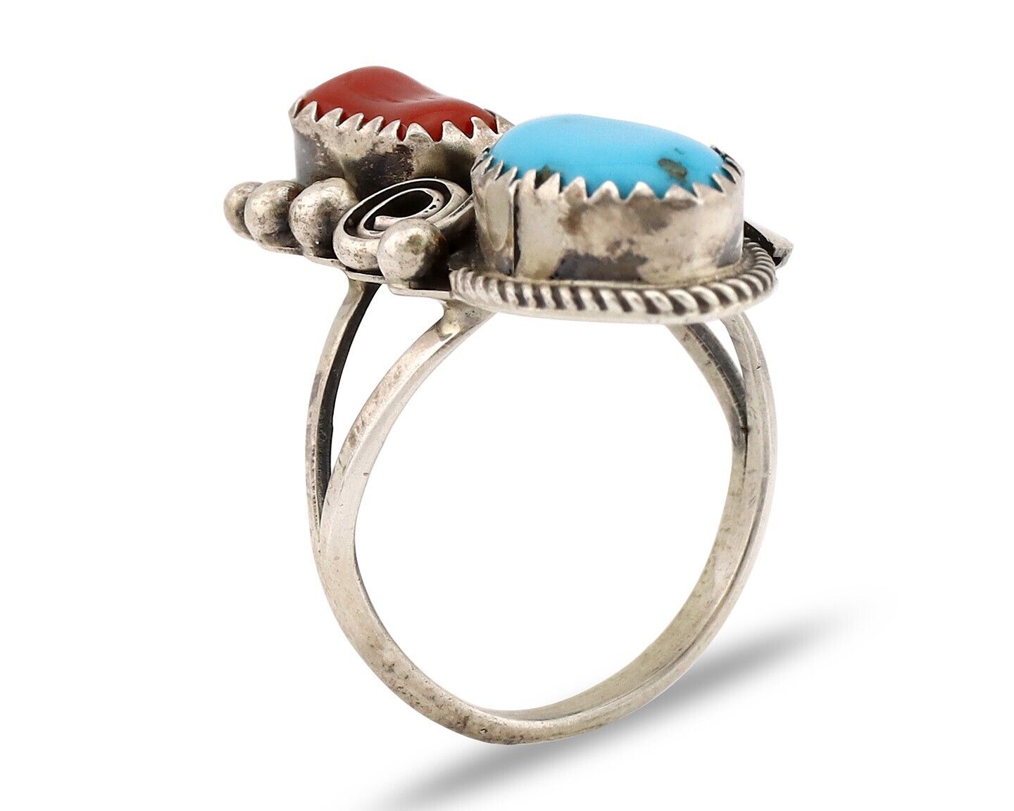 Navajo Ring 925 Silver Blue Turquiose & Mediterranean Coral Native Artist C.80's