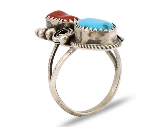 Navajo Ring 925 Silver Blue Turquiose & Mediterranean Coral Native Artist C.80's