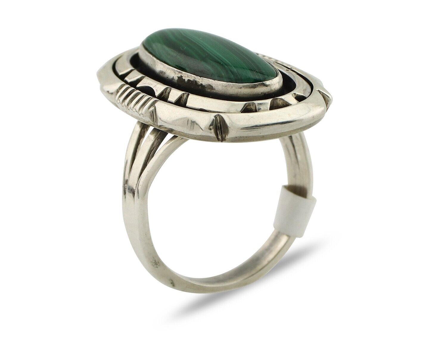 Navajo Ring .925 Silver Malachite Hand Stamped Signed William Denetdale C.80's
