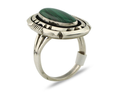 Navajo Ring .925 Silver Malachite Hand Stamped Signed William Denetdale C.80's