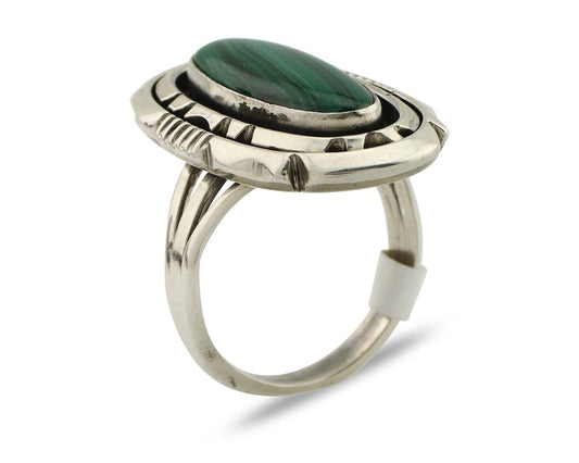 Navajo Ring .925 Silver Malachite Hand Stamped Signed William Denetdale C.80's