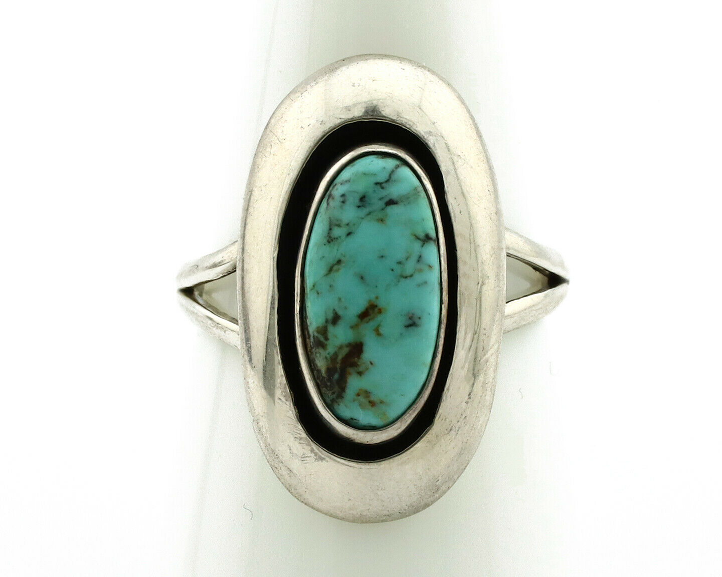 Navajo Shadow Box Ring .925 Silver Kingman Turquoise Signed M Montoya C80s