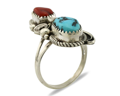 Navajo Ring .925 Silver Turquoise & Coral Artist Signed J Morris C.80's