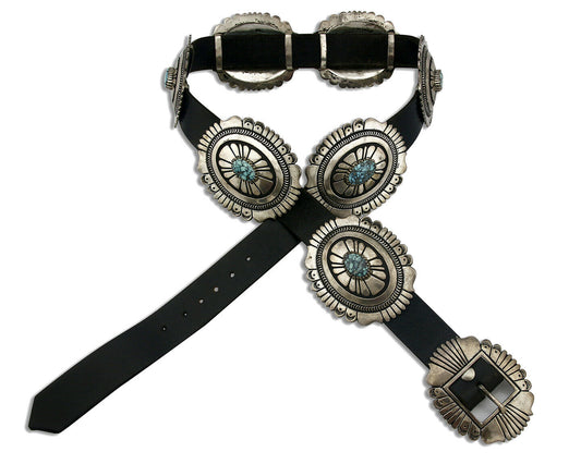 Large Navajo Signed Thomas Singer Belt .925 Silver Lone Mtn Turquoise C.1980's