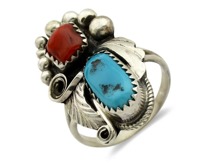 Navajo Ring .925 Silver Turquoise & Coral Artist Signed J Morris C.80's