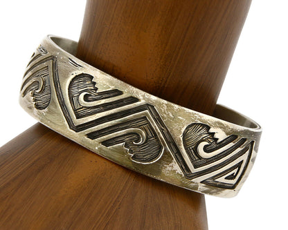 Navajo Bracelet .925 Silver Hand Stamped Overlay Signed Star C.80's