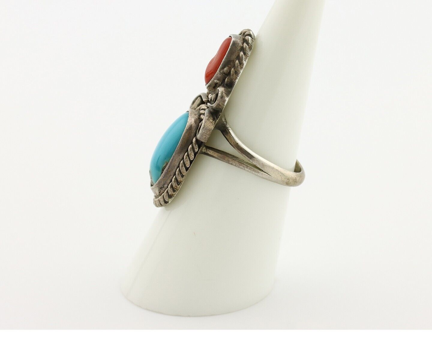 Navajo Ring 925 Silver Blue Turquiose & Mediterranean Coral Native Artist C.80's