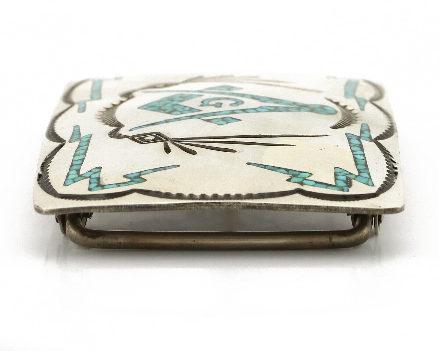 Navajo Belt Buckle .925 Silver Handmade Chip Inlay Artist Signed Bee Gay C.80's