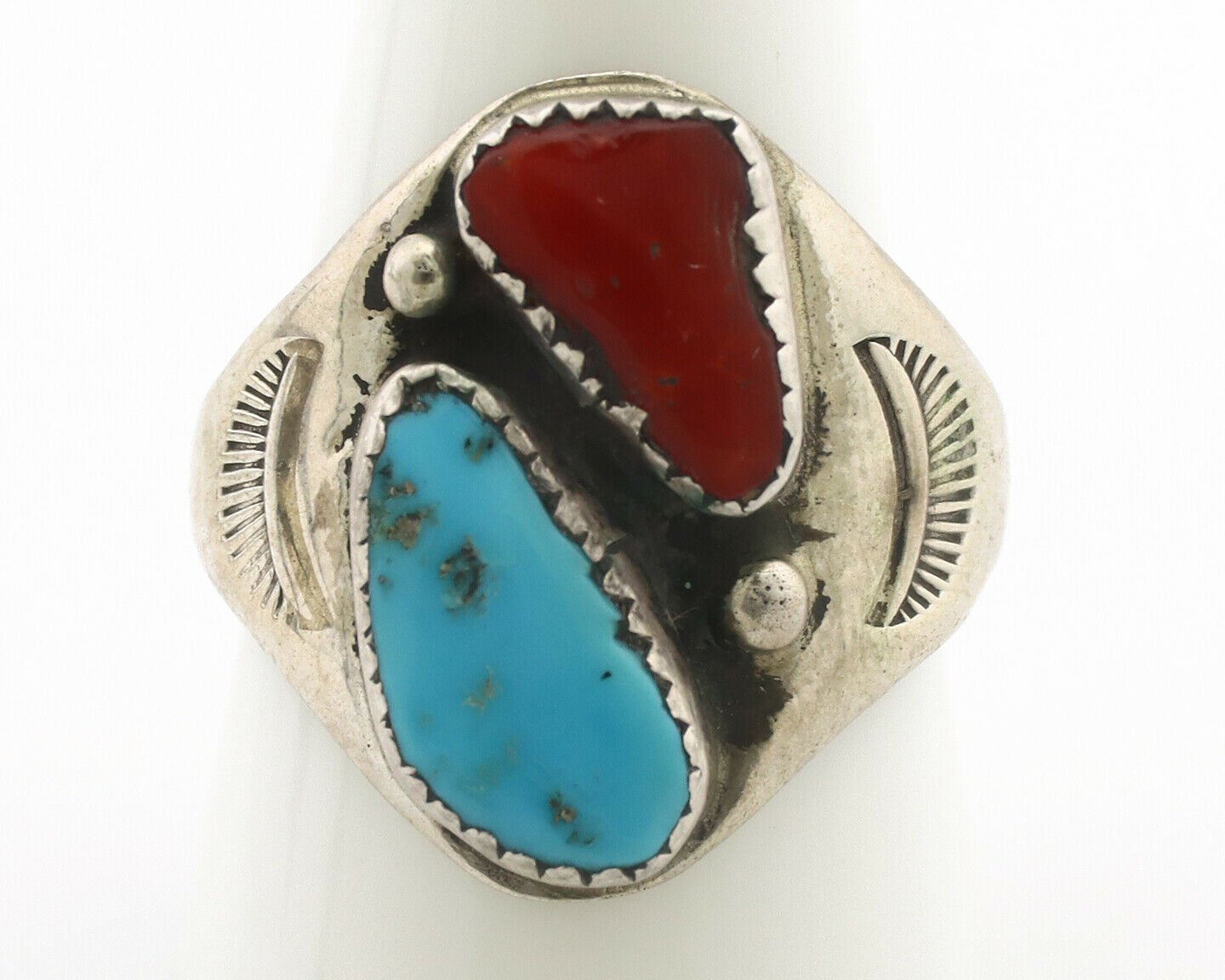 Zuni Ring .925 Silver Natural Turquoise & Coral Native American Artist C.1980's