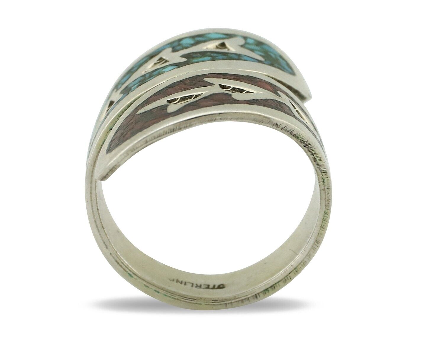 Navajo Chip Inlay Ring 925 Silver Turquoise & Coral Artist Native Artist C.80's