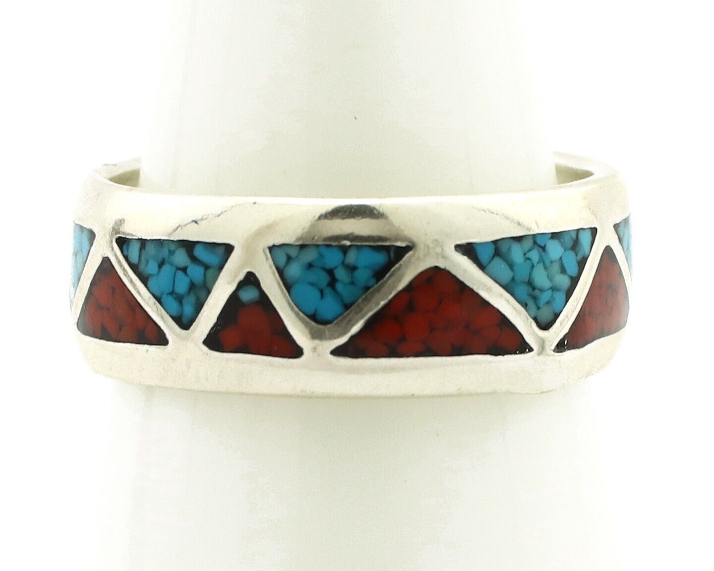 Navajo Chip Inlay Ring 925 Silver Sleeping Beauty Turquoise & Coral Silver Cloud
