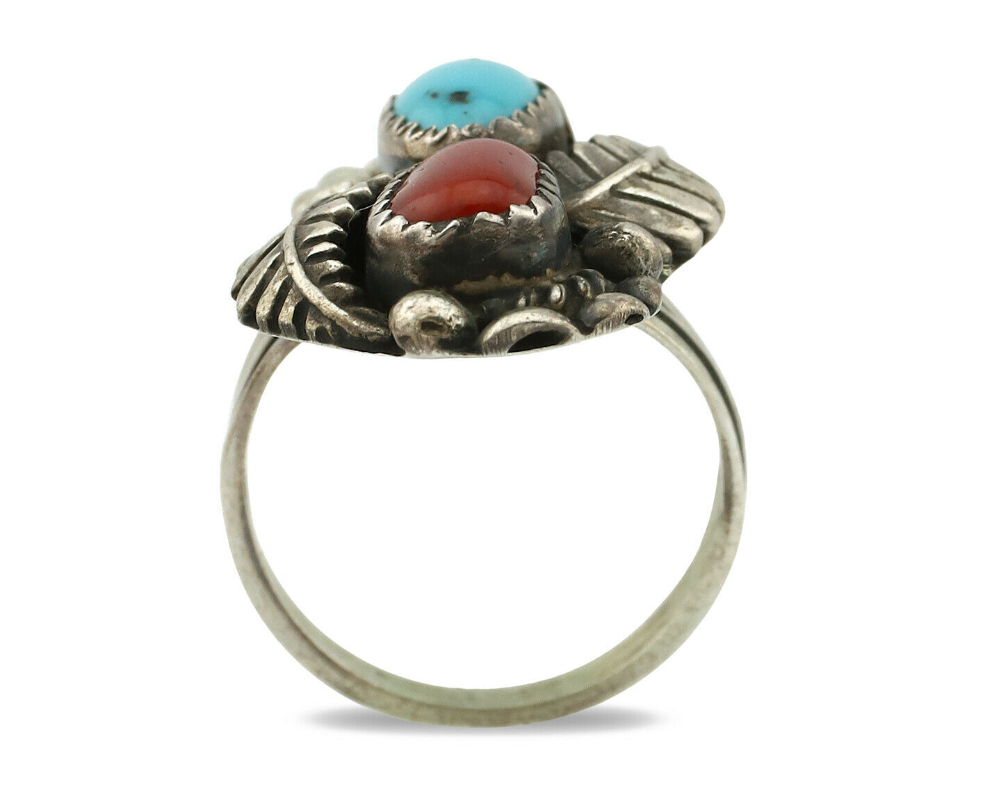 Navajo Ring .925 Silver Turquoise & Coral Artist Signed Thomas Singer C.80's