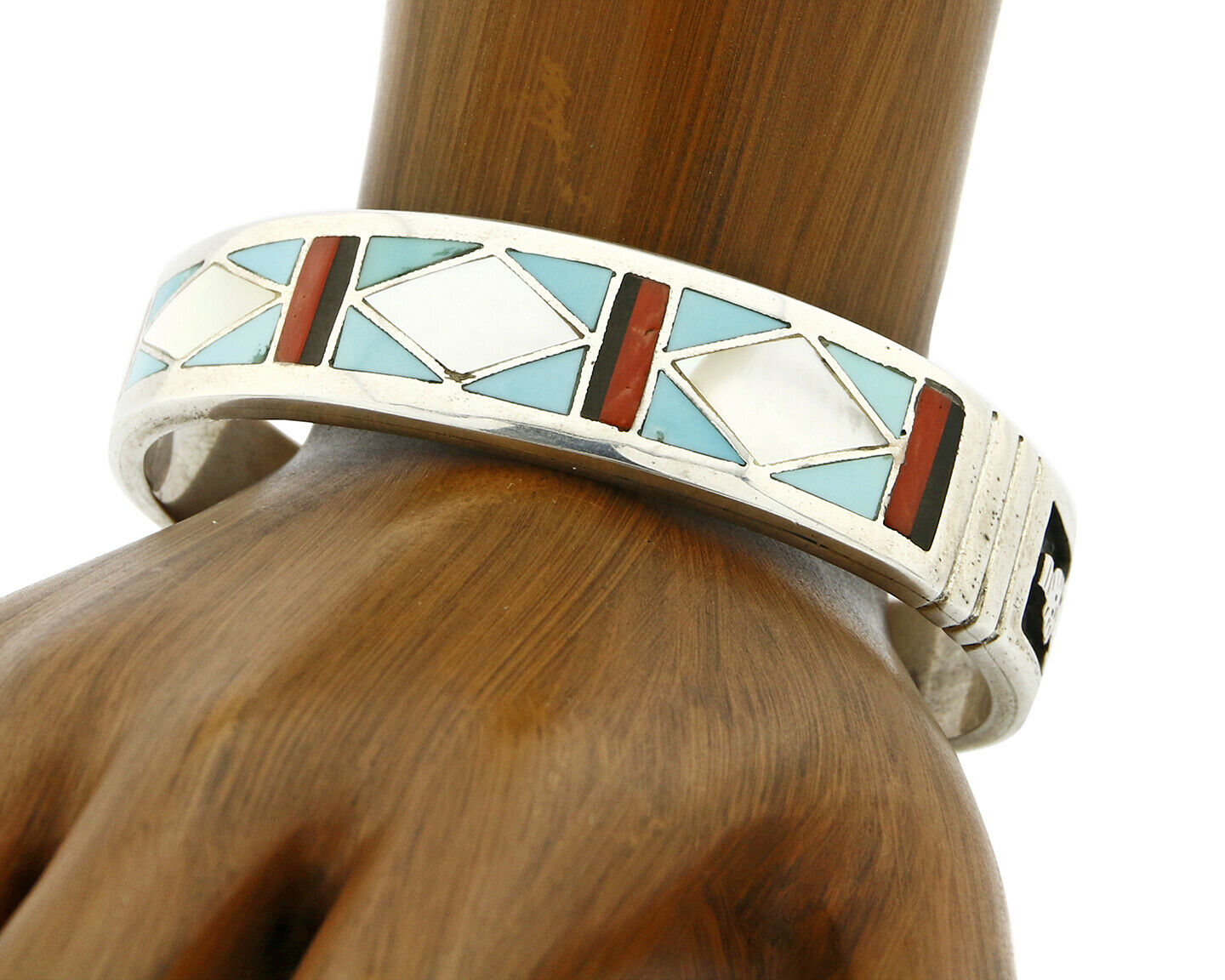 C. 1980's Zuni Inlaid Gemstone .925 Silver Handmade Cuff Bracelet