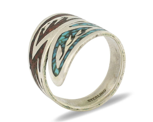 Navajo Chip Inlay Ring 925 Silver Turquoise & Coral Artist Native Artist C.80's