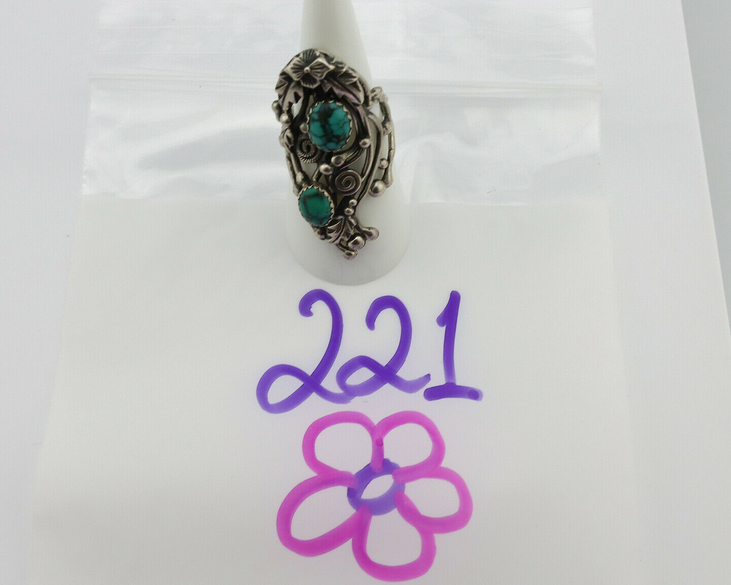 Navajo Ring .925 Silver Natural Turquoise Signed Prairie Fire C.80's