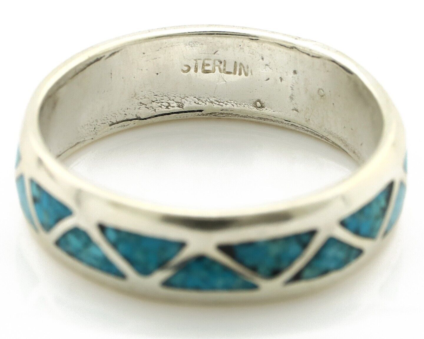Navajo Chip Inlay Ring 925 Silver Sleeping Beauty Turquoise Artist Silver Cloud