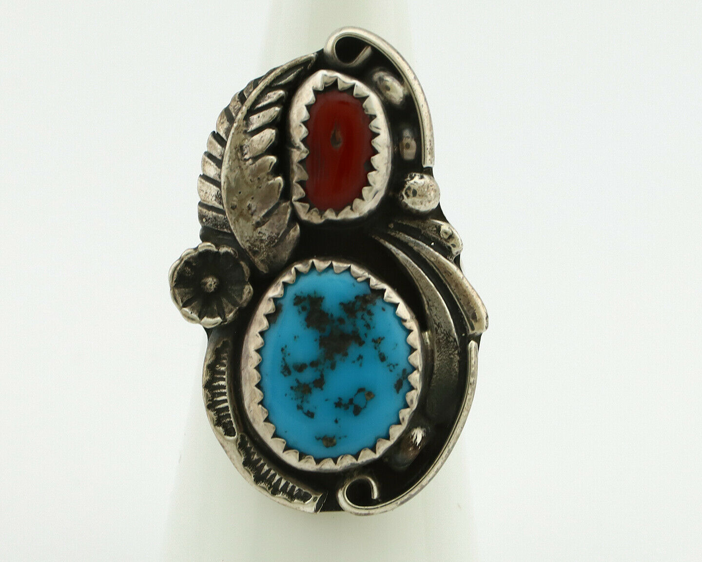 Navajo Ring .925 Silver Turquoise & Coral Artist Signed Thomas Singer C.80's