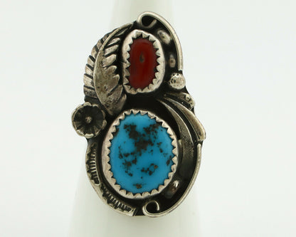Navajo Ring .925 Silver Turquoise & Coral Artist Signed Thomas Singer C.80's