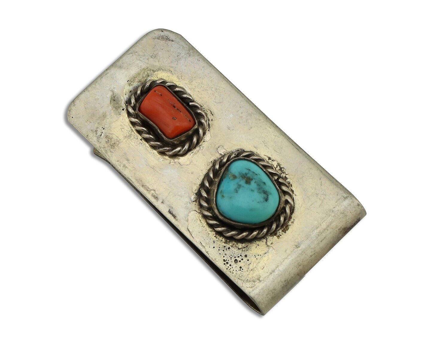 Navajo Money Clip 925 Silver & 999 Nickel Natural Turquoise & Coral Artist C80