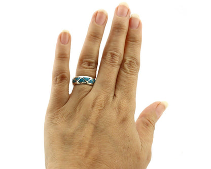 Navajo Chip Inlay Ring 925 Silver Sleeping Beauty Turquoise Artist Silver Cloud
