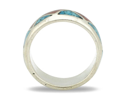 Navajo Ring 925 Silver Natural Turquoise & Coral Native American Artist C.80's