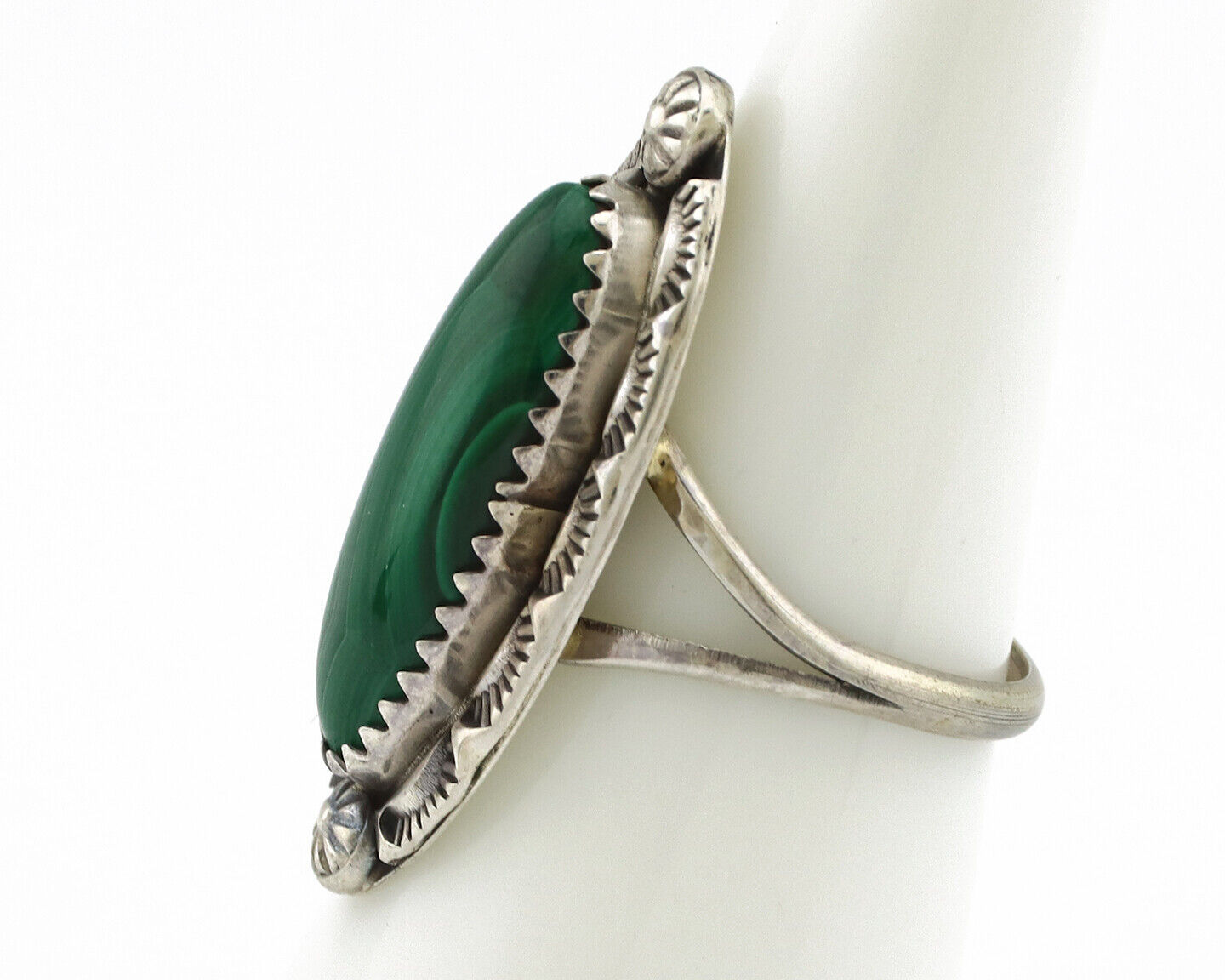Navajo Ring 925 Silver Natural Malachite Artist Native American Signed H C.80's