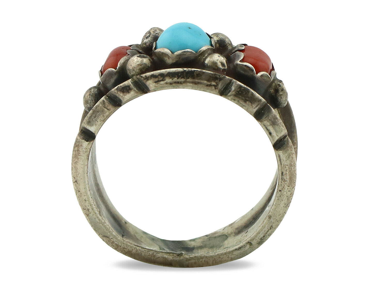 Zuni Ring .925 Silver Turquoise & Coral Artist Signed Milton Lasillo C.80's