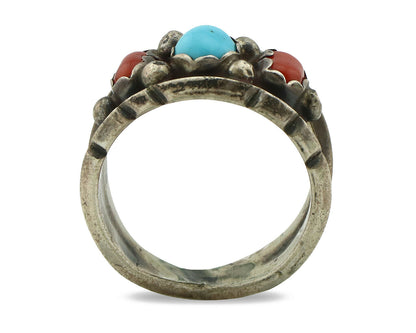 Zuni Ring .925 Silver Turquoise & Coral Artist Signed Milton Lasillo C.80's