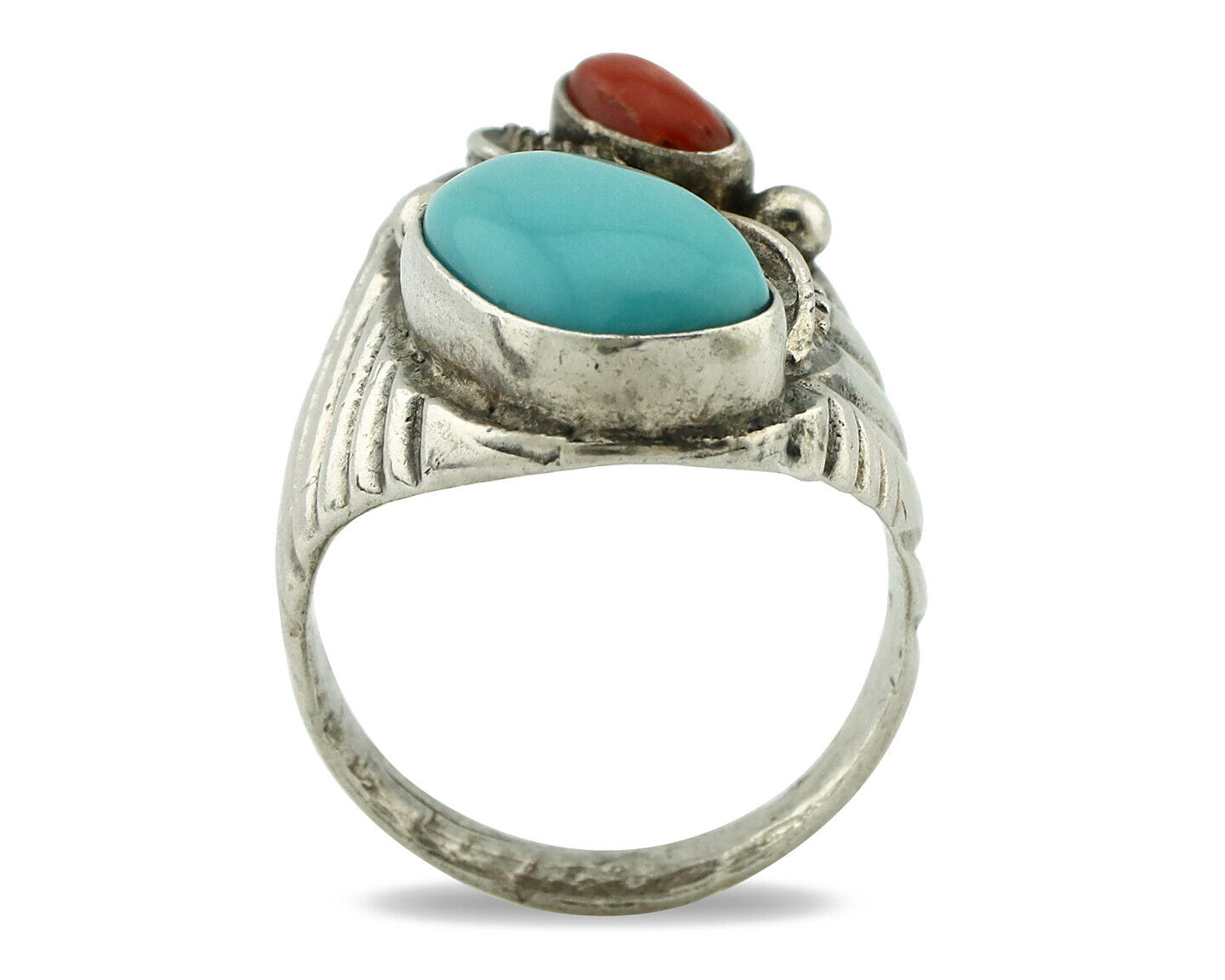 Navajo Ring 925 Silver Coral & Globe Turquoise Native American Artist C.1970's