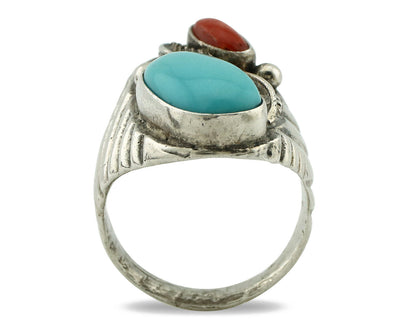 Navajo Ring 925 Silver Coral & Globe Turquoise Native American Artist C.1970's