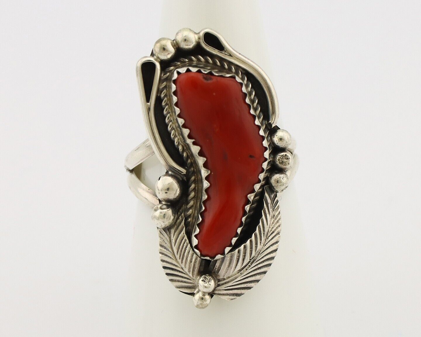 Navajo Handmade Ring 925 Silver Natural Coral Artist Signed Justin Morris C.80's