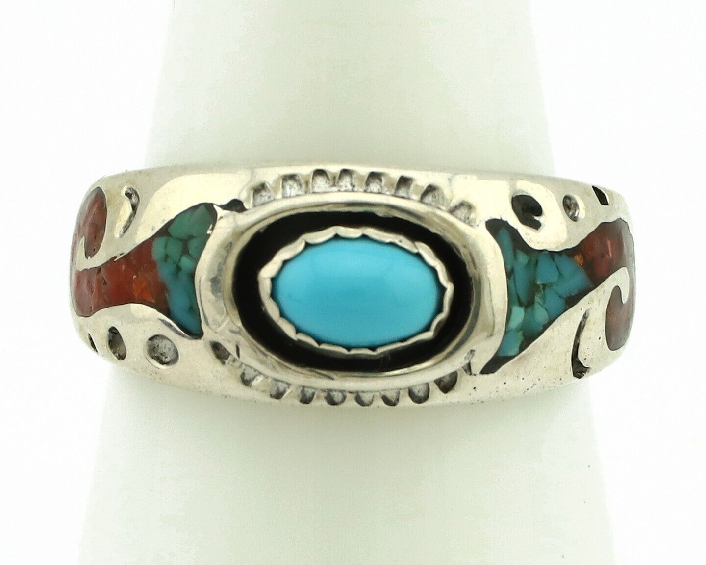 Navajo Handmade Ring 925 Silver Blue Turquoise & Coral Native American C.80's