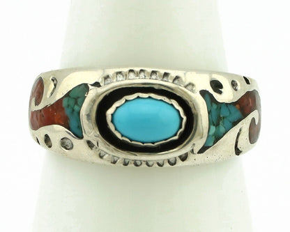 Navajo Handmade Ring 925 Silver Blue Turquoise & Coral Native American C.80's