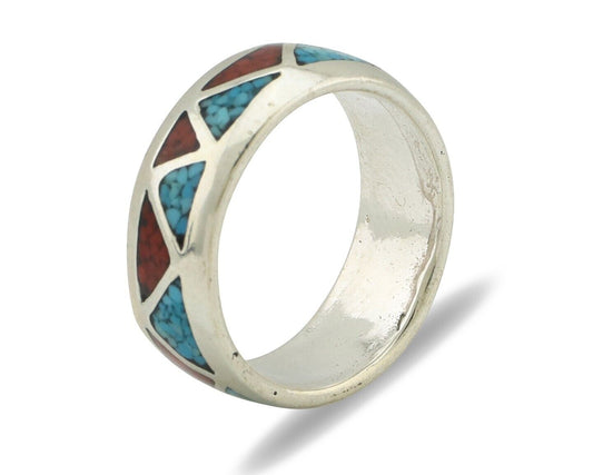 Navajo Ring 925 Silver Natural Turquoise & Coral Native American Artist C.80's