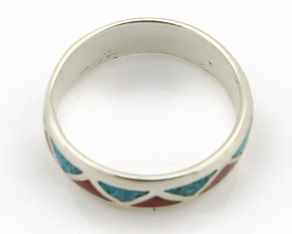 Navajo Chip Inlay Ring 925 Silver Sleeping Beauty Turquoise & Coral Silver Cloud