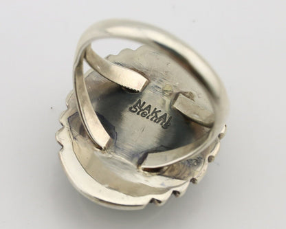 Navajo Ring 925 Silver Hand Stamped Natural Malachite Artist Signed NAKAI C.80's