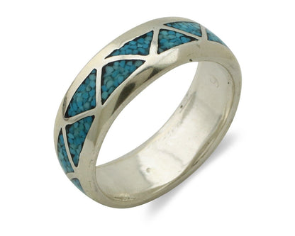 Navajo Chip Inlay Ring 925 Silver Sleeping Beauty Turquoise Artist Silver Cloud