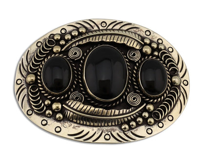 Men Navajo Belt Buckle .999 Nickel Onyx Artist Signed Teepee Handmade C.1980's