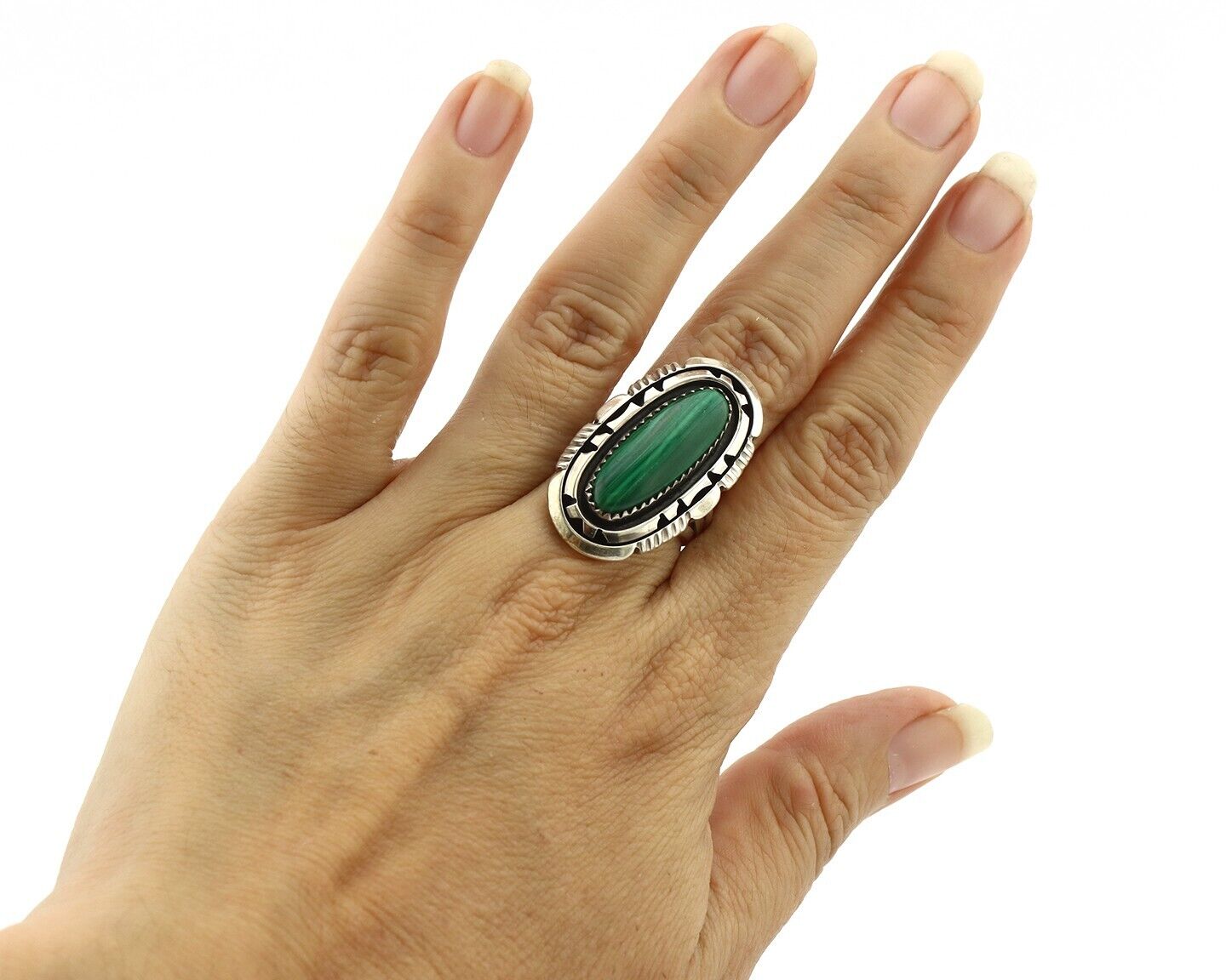 Navajo Ring 925 Silver Natural Malachite Artist Signed William Denetdale C.80's