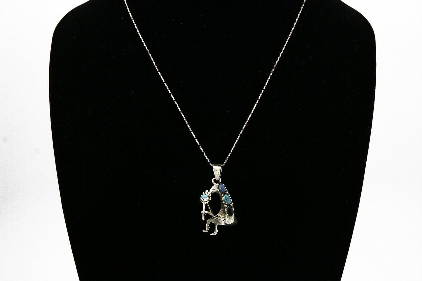 C.1980's Navajo Signed SM Natural Gemstone .925 Silver Pendant Necklace