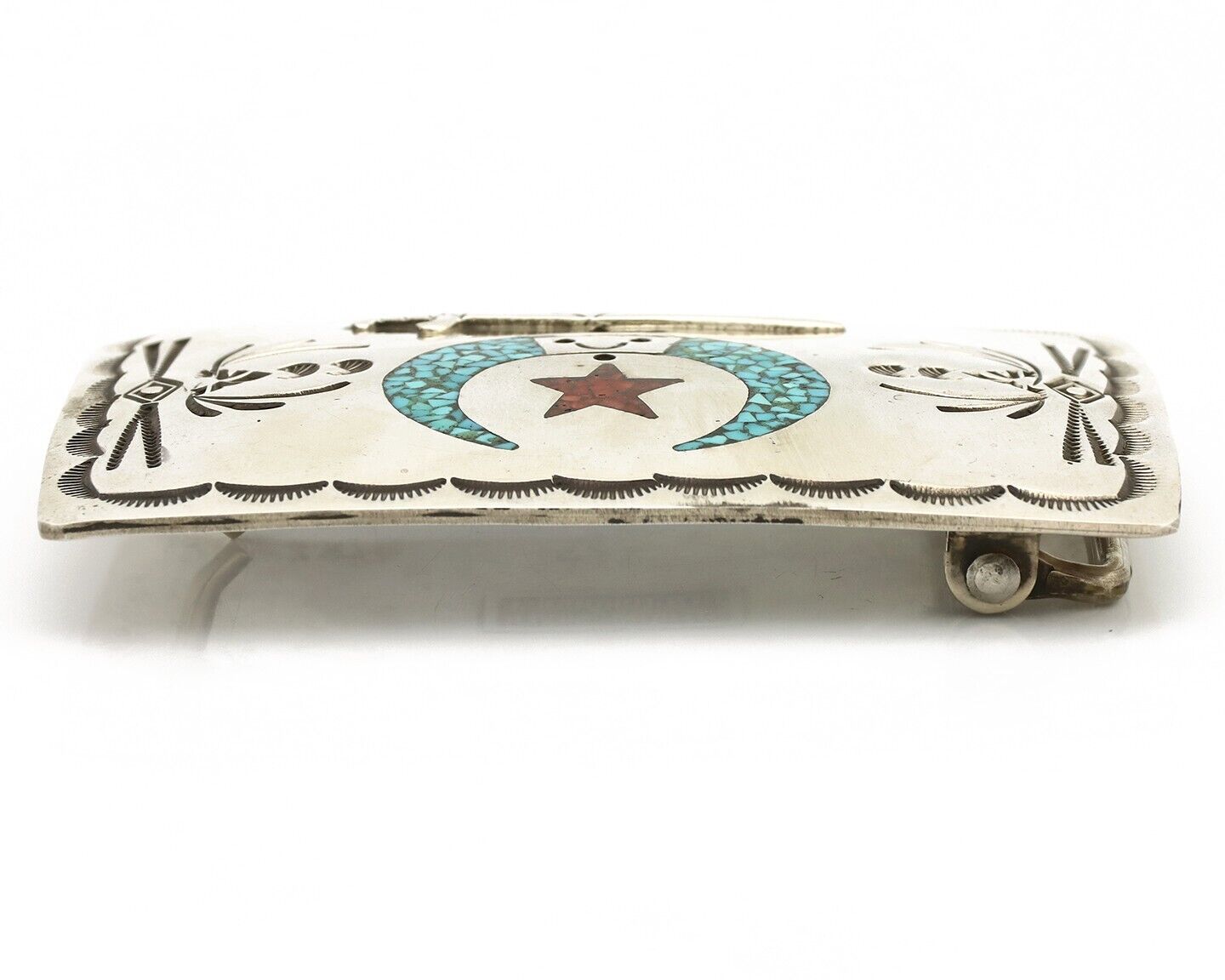 Navajo Belt Buckle .925 Silver Handmade Chip Inlay Artist Signed Bee Gay C.80's