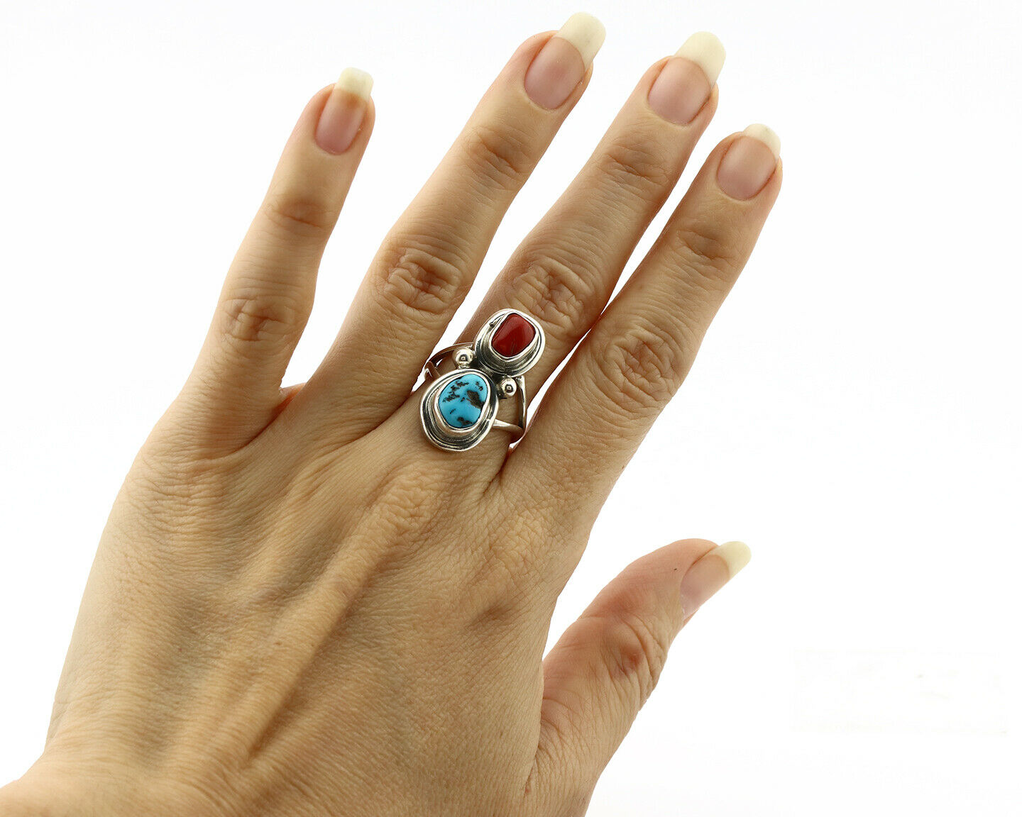 Navajo Ring .925 Silver Red Coral & Blue Turquoise Native Artist C.80's