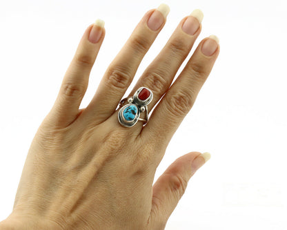 Navajo Ring .925 Silver Red Coral & Blue Turquoise Native Artist C.80's