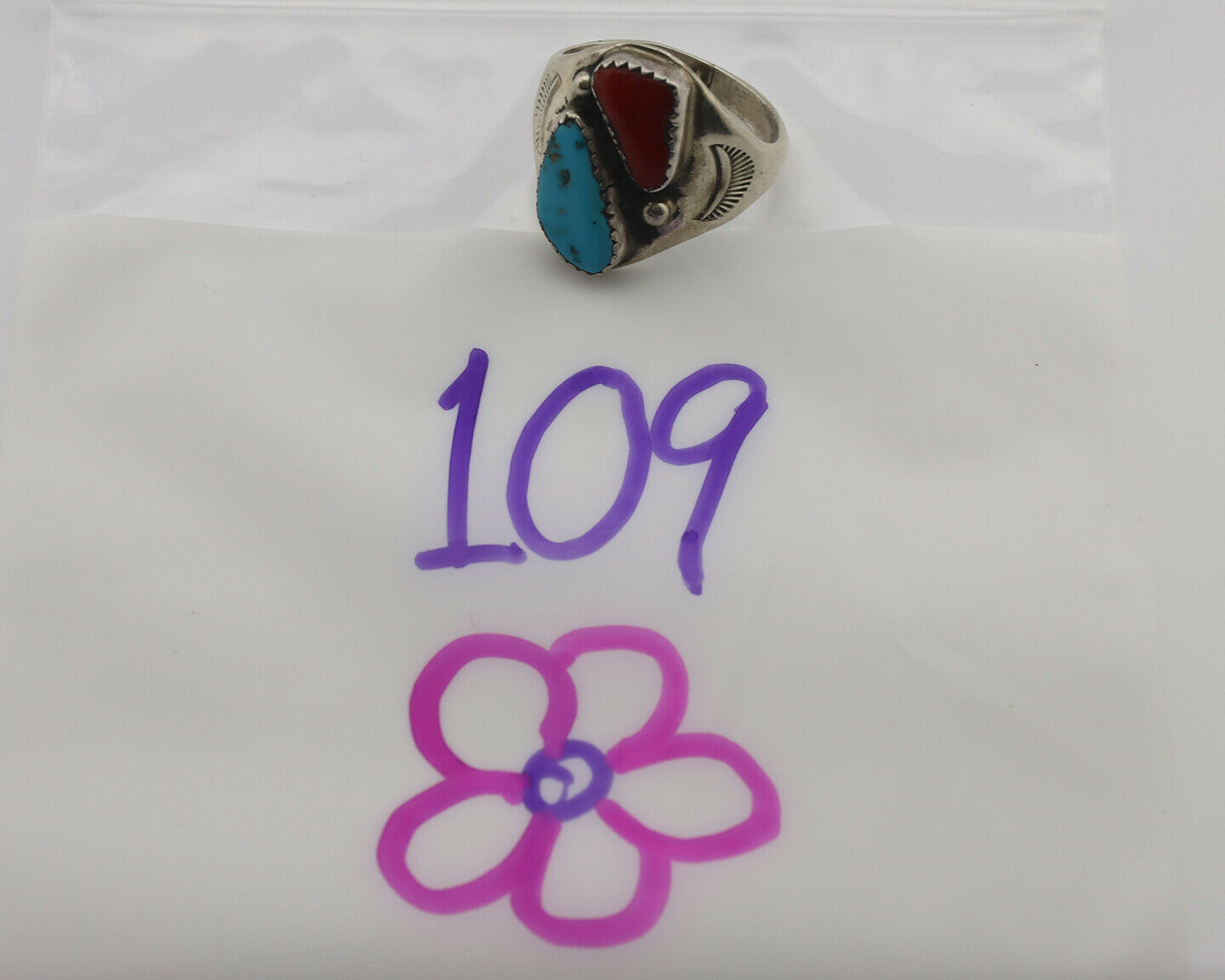 Zuni Ring .925 Silver Natural Turquoise & Coral Native American Artist C.1980's